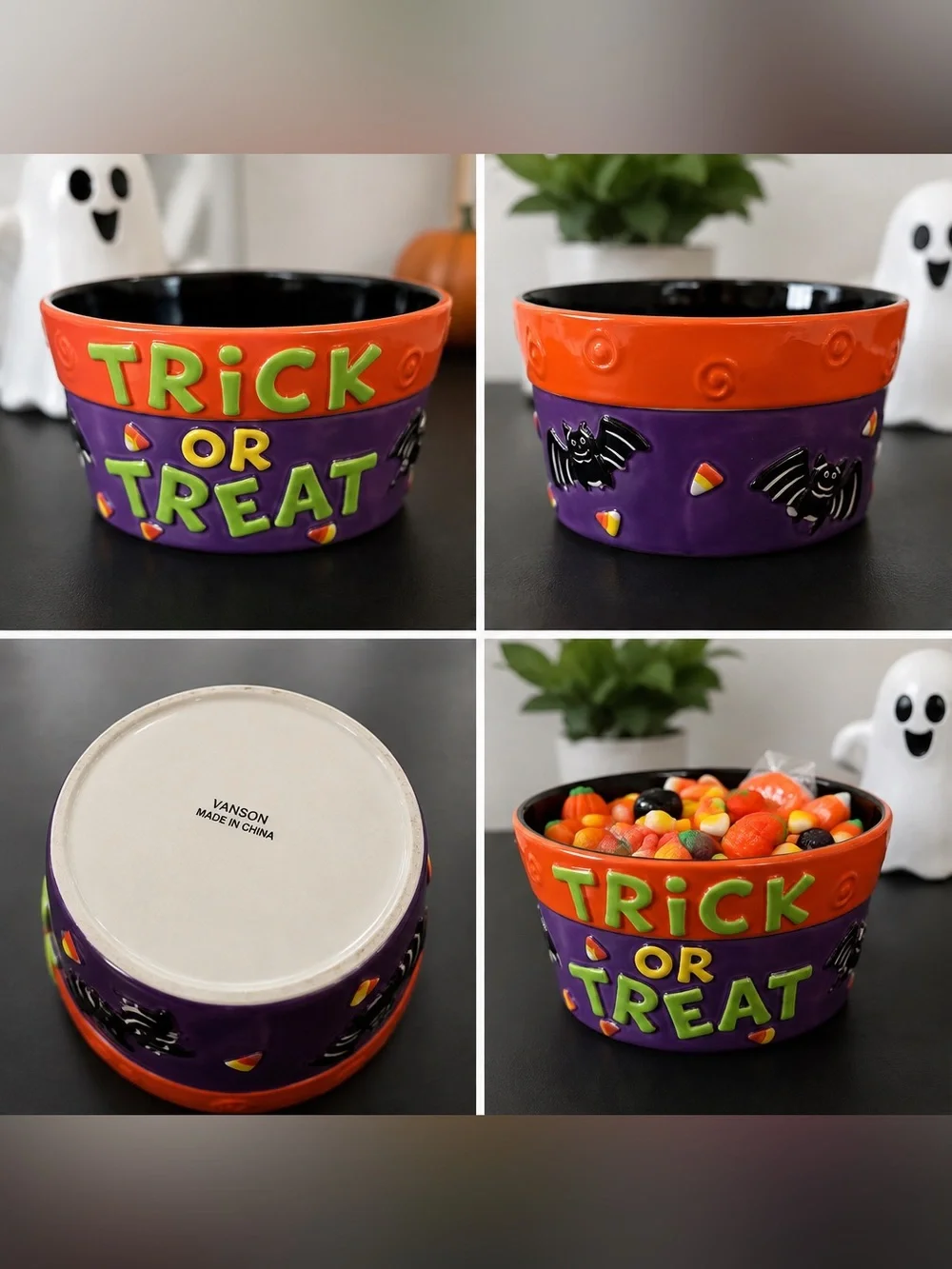 Halloween Trick or Treat Ceramic Candy Bowl Bats Candy Corn